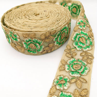 Green and Gold Floral Embroidery Trimming, Embroidered Roses Flowers Trim, Sheer Fabric Lace